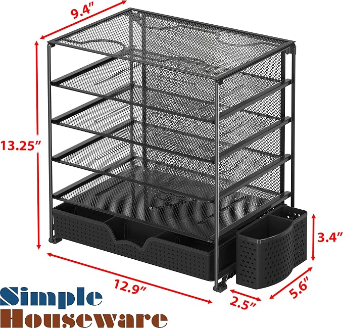 Simple Houseware 5-Tier Desk File Organizer w/Drawer & Pen Holder, Black | Desktop Tray Organizer for A4 Paper, Mail and Documents