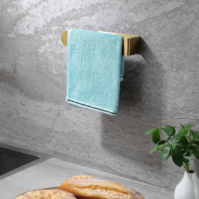 Taozun Gold Towel Bar Adhesive 2 Pack Brass Finish | No Drill, Strong Hold, Brushed Brass Finish, Looks High-End, Rustproof, 2 Pack For Multiple Spaces