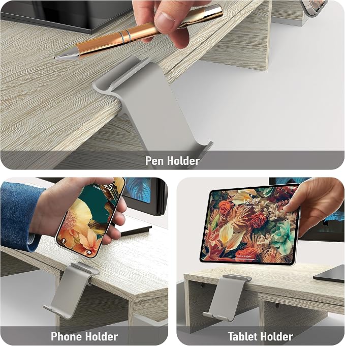 Simple Houseware Desk Dual Monitor Stand Riser with Drawer, Maple | Customizable Organizer Tray, Built-In Phone & Tablet Slot and Side Storage