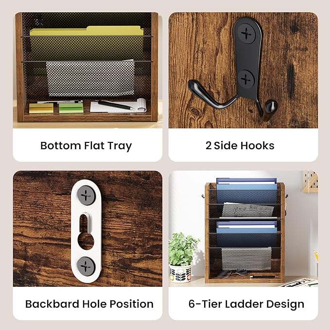 Mail Organizer Wall Mounted, 6-Slot Hanging File Organizer with Key Holder | Mail Sorter, Wood Letter Holder for Envelopes Bills Magazine Folders Papers Accessories for Home Office, Rustic Brown