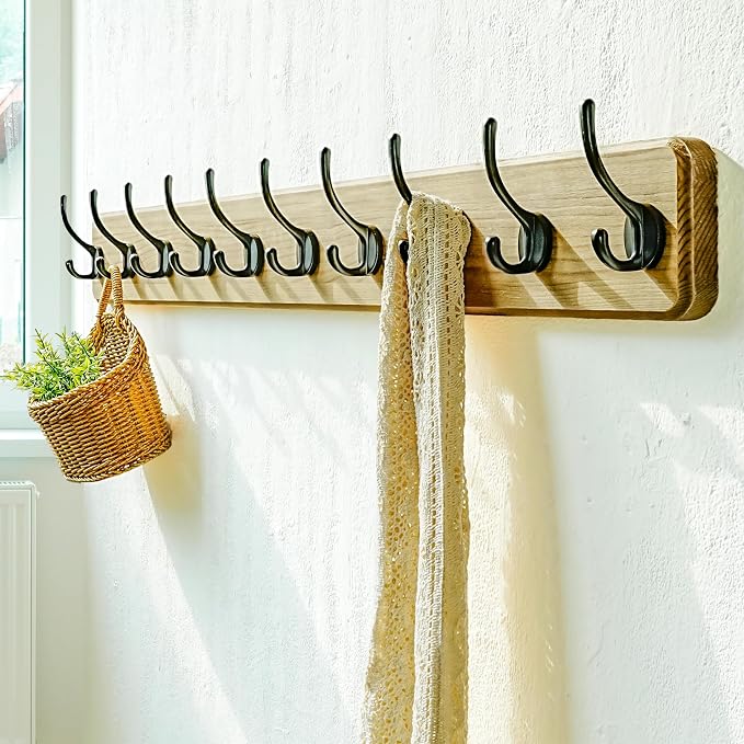 Coat Rack Wall: 38-1/4" Long, Patented, Heavy-Duty, 10-Double-Hooks Wooden Wall Mounted Coat Rack Coat Hanger Hook Rail for Winter Coats Hat Jacket Clothing, Weathered Brown