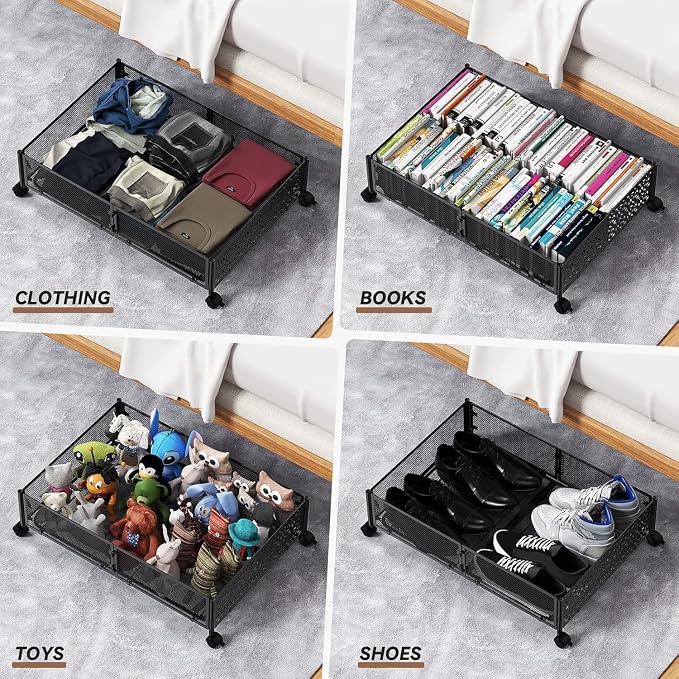 PHINOX Under Bed Stroage Container with wheels,Patterned,Metal,2 Pack,Black | Tool-free assembly, glide smoothly, easy reach, foldable, maxmazie low-profile beds, dorm, keep seasonal clothes, shoes fresh