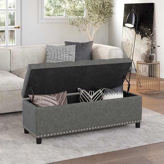 BELLEZE Storage Ottoman, Tufted Ottoman with Close Hinge, Foot Rest for Living Room (Rustic Gray, 47 inch)