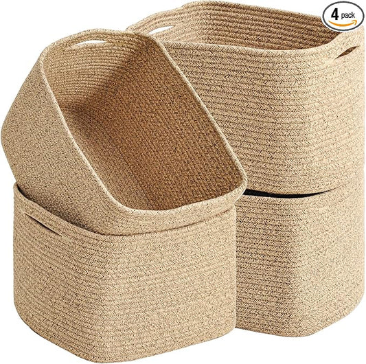 ICERZCZ Woven Cotton Rope Storage Baskets for Organizing & Shelves, Organization Bins for Dog Toys, Clothes, Books, Nursery Organizer, 15"x11"x9", Mixed Brown (4 Packs)