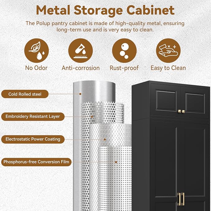 Polup 86" Tall Metal Kitchen Pantry Storage Cabinet with Doors and Shelves | Heavy-Duty Black Cabinet, 4 Adjustable Shelving, Gold Handles, Magnetic Latch, for Dining Living Room, Bathroom & Garage