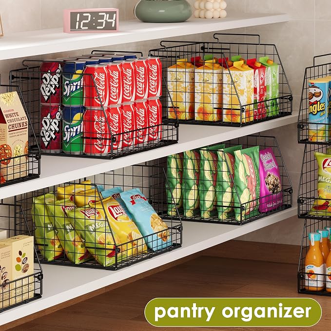 Jakyitvi 6 Pack Stackable Wire Baskets for Pantry,6 Pank Metal Pantry Organizer Storage Bins for Kitchen Snack, Fruit, Potato, Onion & Vegetable Storage, Wire Baskets for Pantry Organization