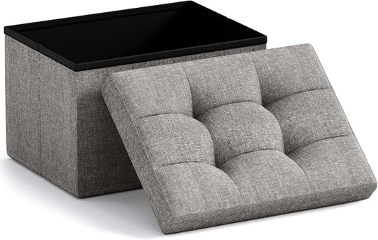 Ornavo Home Small Rectangle Storage Ottoman, Linen, 12x16x12, Dark Gray | Collapsible Cube Design; Foot Rest Stool Seat; Ideal for Living Room, Bedroom, Home Office or Dorm