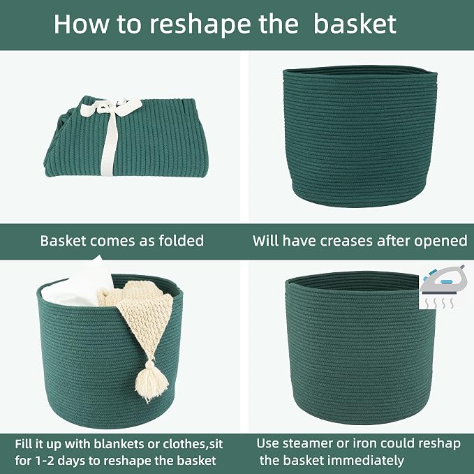 XUANGUO Cotton Rope Basket For Girls Boys Kids 16”X14” dark green | Baby Laundry Baskets, Blanket Basket, Nursery Bin; Round Woven Basket Organizer for Toy Storage, Blankets, Shoes and Clothes