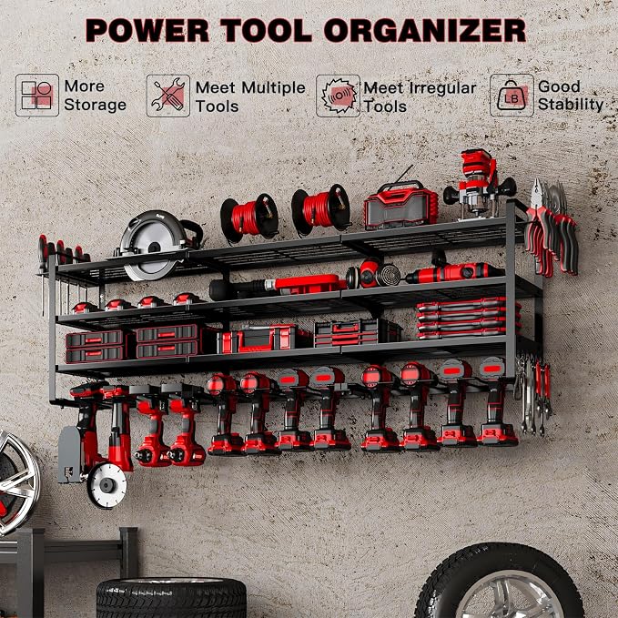 NattyDot Power Tool Organizer Wall Mount, 48-Inch 12 Drill Holders, Black | Extra-wide 48-inch Heavy-duty Wall Rack Stores 12 Cordless Drills and Assorted Tools, Maximizing Garage and Workshop Storage
