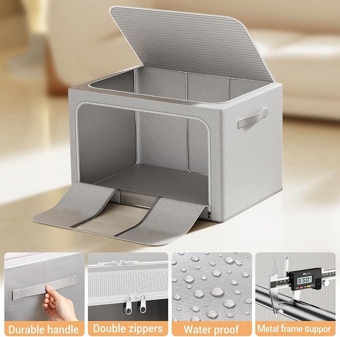 Clothes Storage Bins with Metal Frame Foldable Storage Box Clothes Organizers Storage Containers for Clothes Sheets Blankets Books Toys Gifts and Holiday Decorations (66Lx3 Pack)