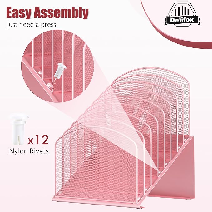 Inclined Desk File Organizer, 8-Section Upright Desk Organizer Standing File Sorter for Office Classroom Desktop Organization (Pink, 8)