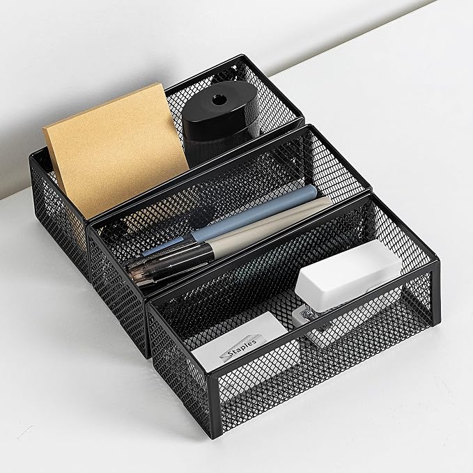 Amazon Basics Magnetic Storage Baskets, Mesh Organizers for Office Supplies and Workspace, 6" x 2.5" x 2.2", Black, 3-Pack