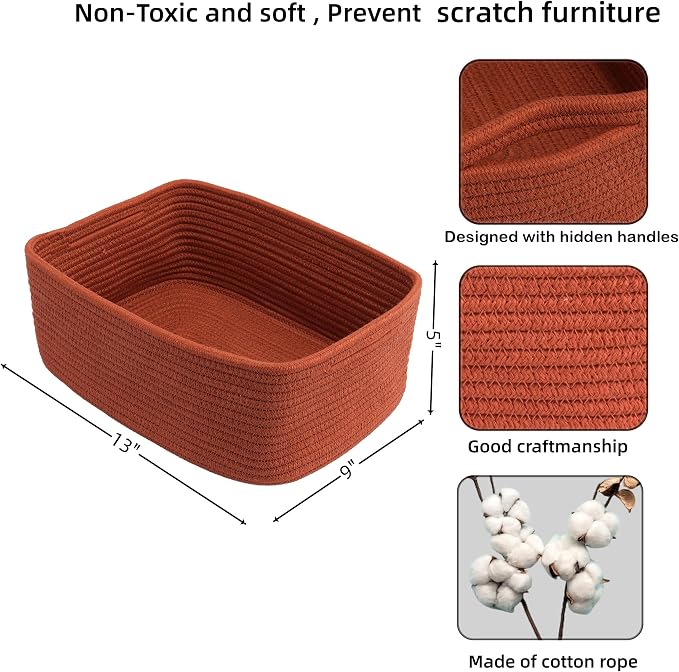 XUANGUO Small Woven Storage Baskets for Shelves, 13" x 9" x 5", Rustic | Decorative rope storage bins for closets and toy storage; cute organizer baskets, empty gift baskets and nursery storage.