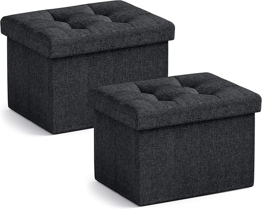 Ornavo Home Small Rectangle Ottoman Set of 2, Linen, 12x16x12, Black | Storage Collapsible Design; Foot Rest Stool Seat; Ideal for Living Room, Bedroom, Home Office or Dorm