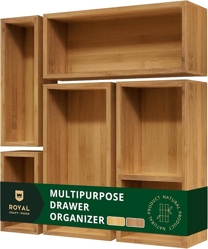 ROYAL CRAFT WOOD Premium Carbonized Bamboo Decorative Boxes - Drawer Organizer Set (5-Piece) – Wood Storage Boxes for Kitchen, Bathroom, Office & Makeup