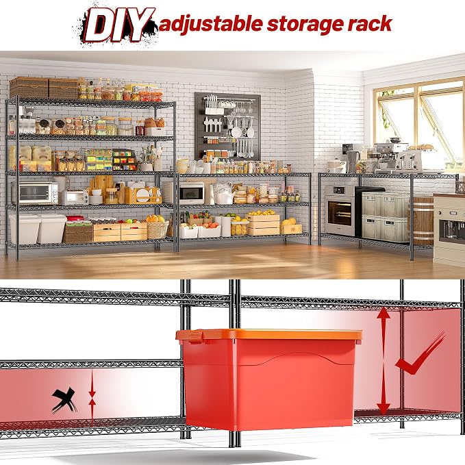 REIBII 55.5" W Storage Shelves 3200LBS Wire Shelving Unit 5 Tier Metal Shelving Heavy Duty Garage Shelving Metal Shelves for Storage Rack Adjustable Pantry Shelf, 55.5" W X 18''D X 71" H, 3PCS