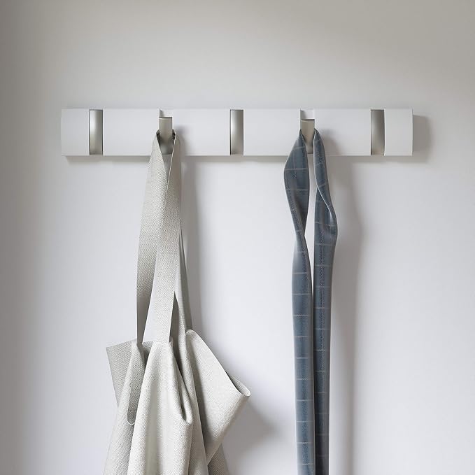 Umbra Flip Coat Rack, Wall Mounted 5-Hook Space Saving, White/Nickel | Real wood and steel build, retractable hooks fold flat, holds coats bags and scarves, easy install