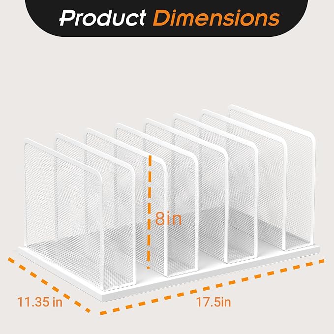 Kuntine.B 7-Section Upright Desk File Organizer White 1 Pack | Vertical, Mesh, Metal, Assembly, Stability, Sturdiness, Organization, Standing