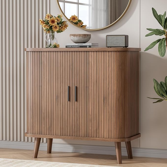 BORNOON Buffet Cabinet with Storage, Curved-Edge Fluted Storage Cabinet Sideboard, Modern Walnut Sideboard Buffet with Adjustable Shelves & Sliding Door for Dining Room, Kitchen, Entryway