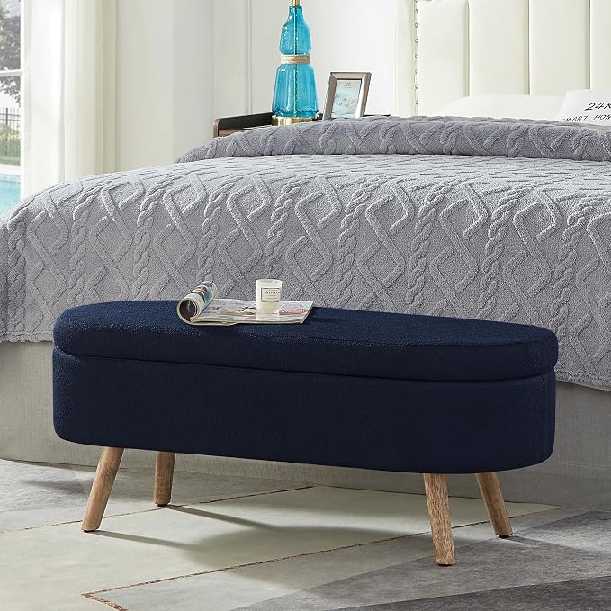 42.25" Ottoman with Storage, Storage Ottoman Bench with Safety Hinge, Boucle End of Bed Bench, Upholstered Entryway Bench for Bedroom, Living Room & Window, Holds up to 330 lb, Navy Boule