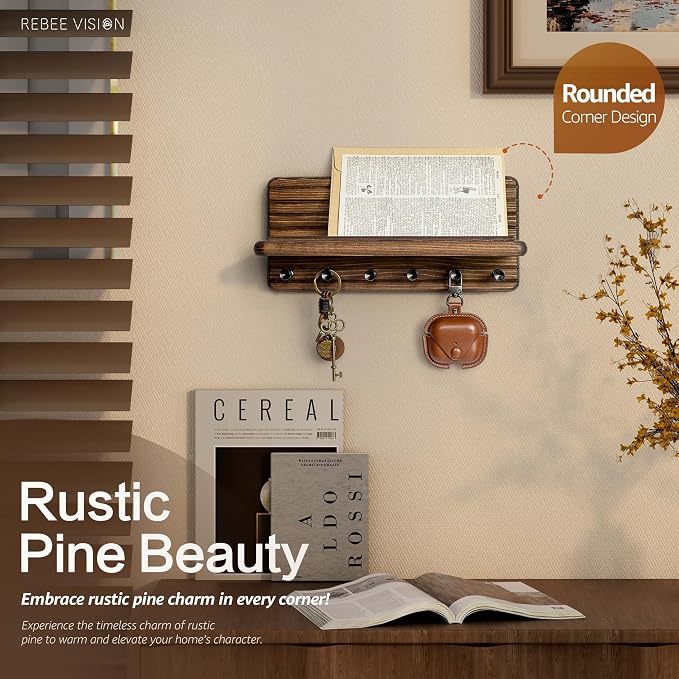 Rebee Vision Pine Wood Key Holder Wall Mount with Shelf for Entryway, Brown | 6 Key Hooks, Round Corner, Smooth&Hand-Friendly, Clear Wood Texture, Space-Saving Design, Organize Mail & Letter