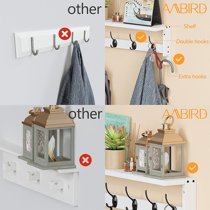 AMBIRD Coat Rack Wall Mount with Shelf, 28.9 Inches Coat Hooks Wall Mounted with 5 Hooks, Hat Wall Hooks for Hanging in Entryway, Living Room, Bathroom, Bedroom (White, 28.9 * 4.5 inches)