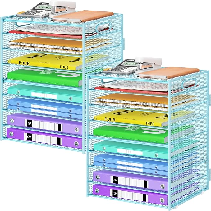 Cawukege 9 Tier Paper Organizer with Handle, Large Capacity Desk Organizer Mesh Paper Letter Tray File Folder Document Sorter for Classroom and Office Accessories Organization- Blue (2 Pack)