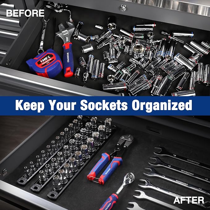 WORKPRO Magnetic Socket Organizer, Heavy Duty 1/4-Inch Drive Socket Rail | 1 Piece Socket Holder with 12 Spots, Aluminum Alloy, Rotatable & Movable Clips, Efficient Organization