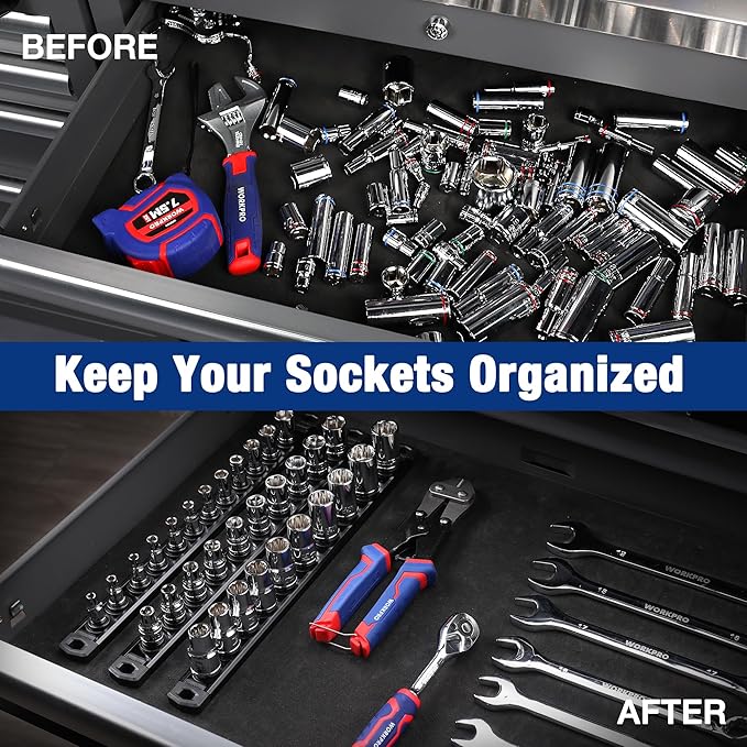 WORKPRO Magnetic Socket Organizer, Heavy Duty 1/2-Inch Drive Socket Rail | 1 Piece Socket Holder with 10 Spots, Aluminum Alloy, Rotatable & Movable Clips, Efficient Organization