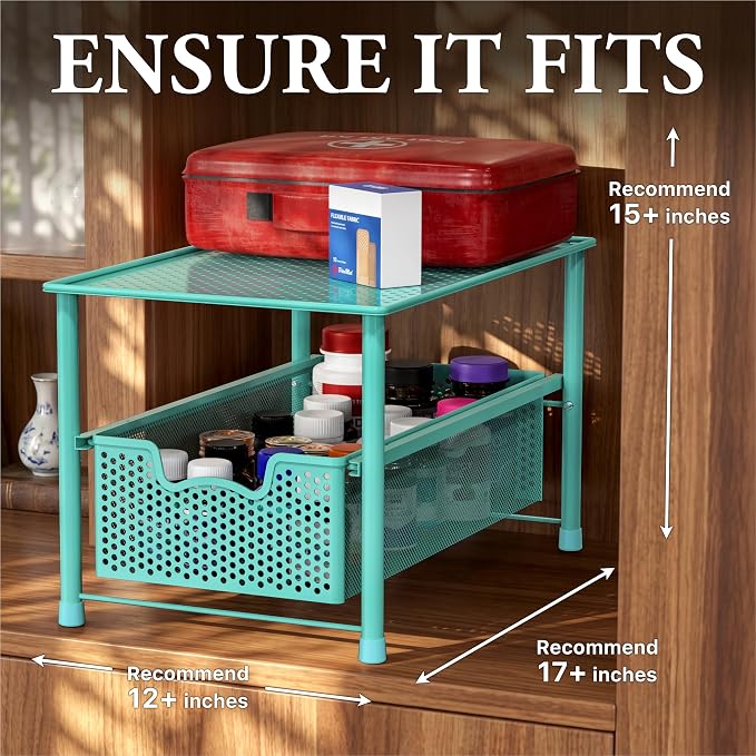 Simple Houseware Stackable Under Sink Sliding Basket Drawer, Turquoise | Perforated Free Standing Organizer, Kitchen/Pantry/Cabinet/Counter