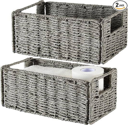 Vagusicc Wicker Storage Basket, Set of 2 Hand-Woven Paper Rope Wicker Basket, Small Storage Baskets for Organizing Toilet Paper Basket, Foldable Large Cube Storage Organizer Bins for Shelves (Grey)