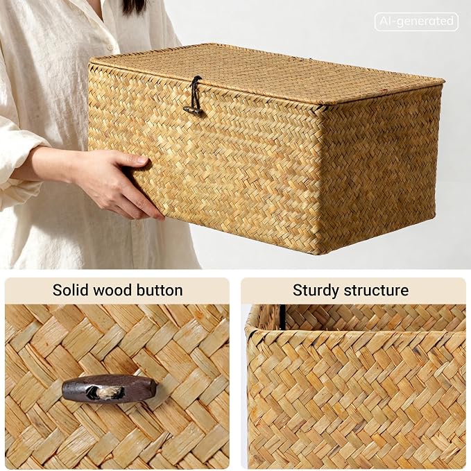 Nonam Seagrass Storage Large Basket with Lid,Wicker Basket Storage Bin with Lid for Shelves,Boho Decor,Handwoven Shelf Basket for Organizing-Storage Container Box for Home Organization-Natural