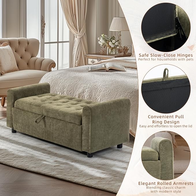 48" Ottoman with Storage, Tufted Storage Ottoman Bench, Convenient Living Room Fabrics Bench Seat, Entryway Shoe Benches with Inner Zipper & Arm, Rivetless Upholstered Window Seat Ottomans, Green