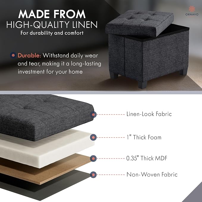 Ornavo Home Small Rectangle Storage Ottoman with Legs, 12x16x12, Black | Foot Rest Stool Seat; Holds Up to 600 lbs; Ideal for Living Room, Bedroom, Home Office or Dorm