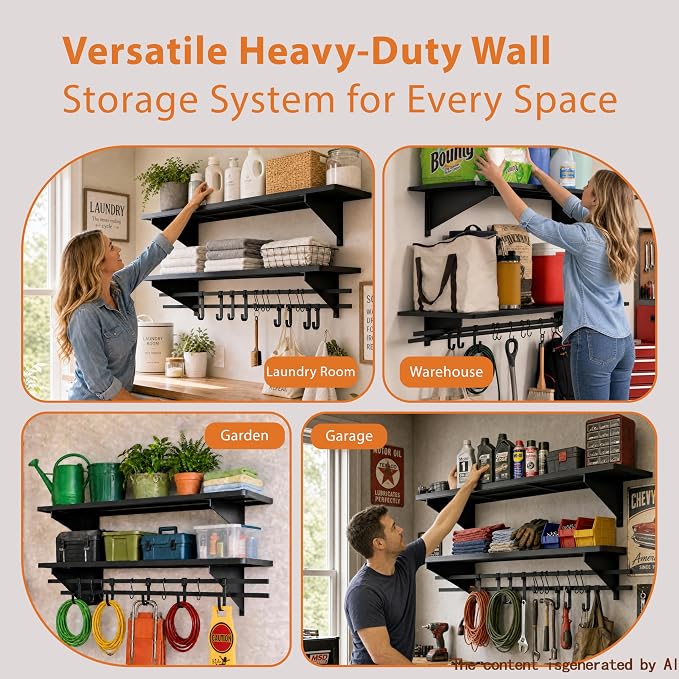 2-Pack 4ft x 16in Heavy Duty Metal Garage Wall Shelving,700lbs Capacity Solid Iron Garage Storage shelves with Sliding Hooks, Wall Mounted Floating Shelves for Workshop,Basement,Tools & Bins,Black