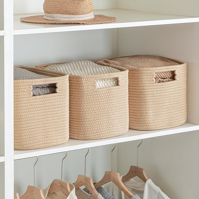 4 Pack Storage Baskets for Organizing, Shelf Baskets with Handles, Brown | 14.5"Lx9.8"Wx9"H, Woven Basket, Cotton Rope Basket, Toy Storage, Cube Shelf, Gift Baskets Empty, Home Decor