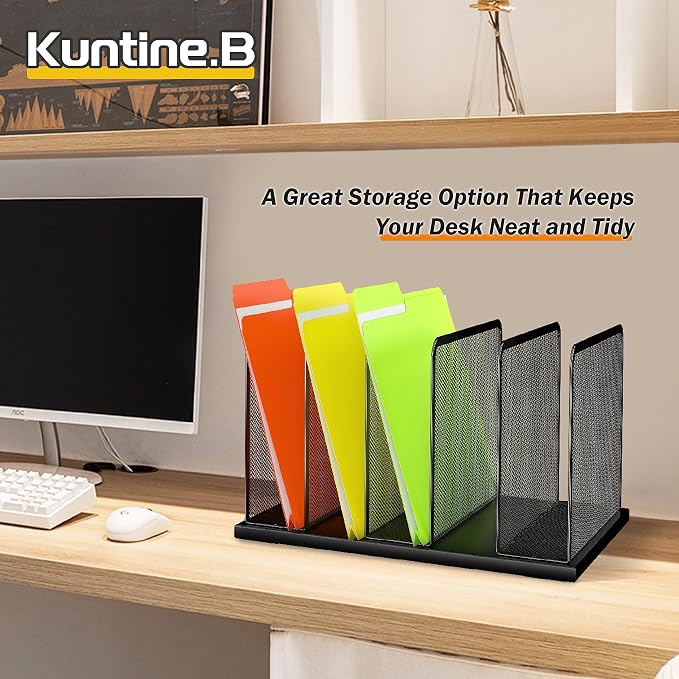 Kuntine.B Desk File Organizer Upright Mesh Desktop Organizer File Sorter Office Organization File Holder for Home, Office & Classroom (Black, 2 Pack 5-Section)