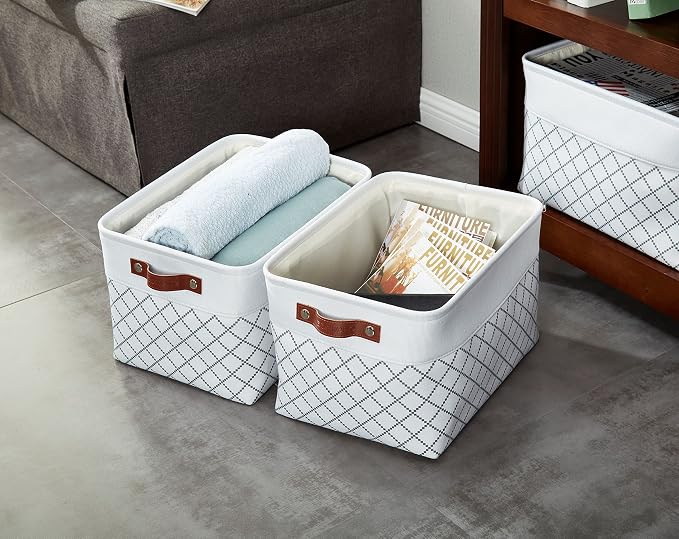 DECOMOMO Storage Bins, Fabric Storage Baskets for Shelves | 3 Pack Linen Closet Organizers for Toys and Nursery (Large, Checkered White)