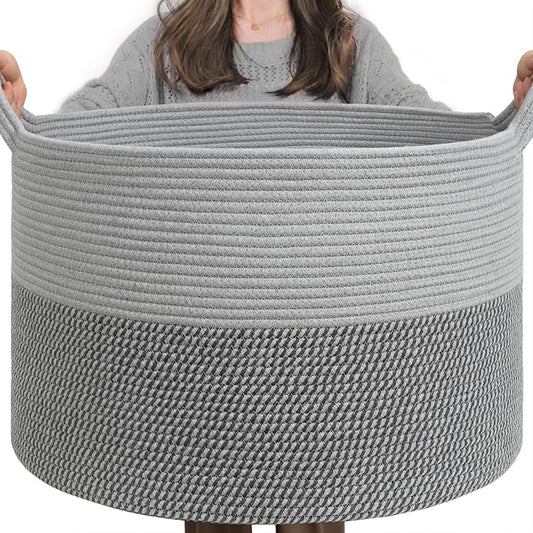 INDRESSME XXXLarge Woven Rope Blanket Basket Living Room Grey, 90L | 21.7" x 13.8" Storage baskets for toys laundry & pillows. Fits living room, bedroom or nursery décor. Soft-touch with handles