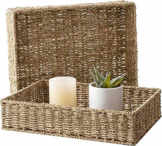 StorageWorks Large Seagrass Tray for Bathroom, Seagrass Storage Baskets for Shelves, Handwoven Natural Wicker Baskets for Organizing, 2-Pack | Handwoven Seagrass Trays for Decor & Organizing, Shallow Rectangle Wicker Tray for Coffee Table, Living Room,...