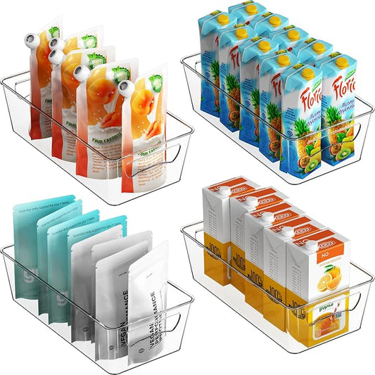 Simple Houseware 4 Pack Clear Fridge Storage Bins Organizer (12"x6.2"x3.4") | for Cabinet / Pantry / Refrigerator / Freezer / Kitchen