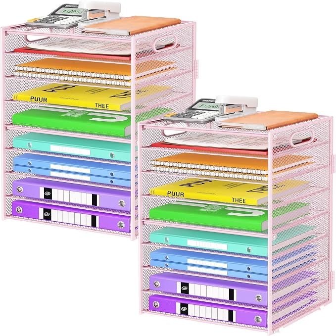 Cawukege 9 Tier Paper Organizer with Handle, Large Capacity Desk Organizer Mesh Paper Letter Tray File Folder Document Sorter for Classroom and Office Accessories Organization- Pink (2 Pack)