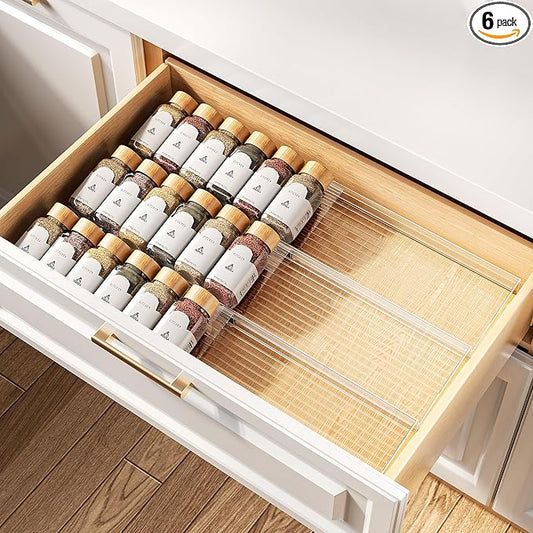 MUDEELA Clear Spice Drawer Organizer, 3 Tier- 2 Set (6 Packs) | Expandable From 11" to 22", (Jars not included), Kitchen Seasoning Organizers and Storage for Drawer