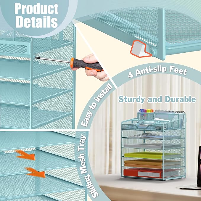 Docnest 6 Tier Mesh Desk Organizer with Letter Tray & Paper Sorter, Blue | Features 3 built-in pen holders & 5 adjustable compartments on top. Includes 4 non-slip rubber feet for desk protection