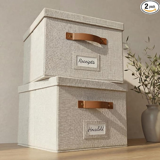 Decorative File Organizer Box Set of 2 - Collapsible Linen Filing Cabinets | Stores Documents and Hanging File Folders - Portable Office Crates with Lid and Handles for Easy Slide Access