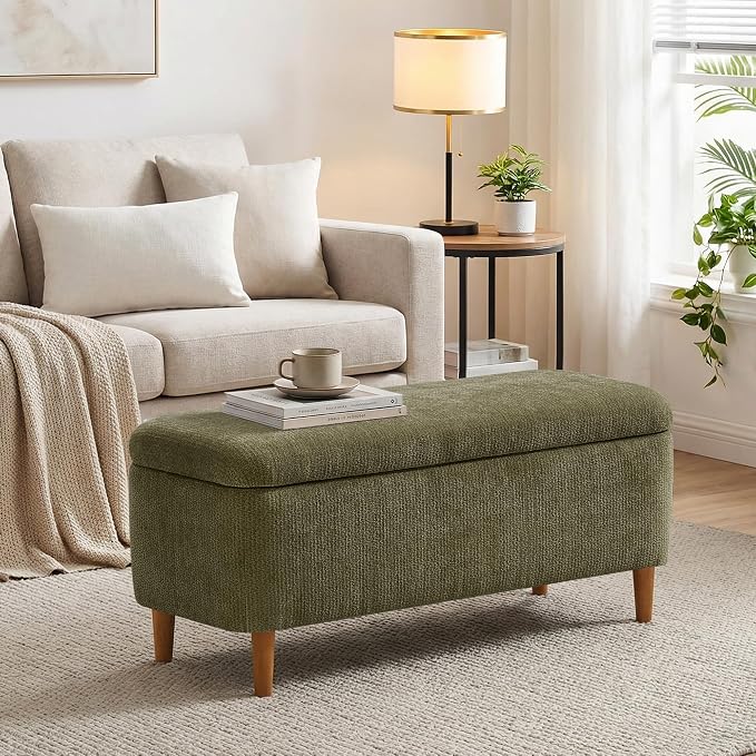39.4”Ottoman with Storage Set of 2,Upholstered Comfy Storage Bench Ottoman with Wooden Legs,End of Bed Bench Footstool for Hallway Entryway Bedroom Living Room Corner Green