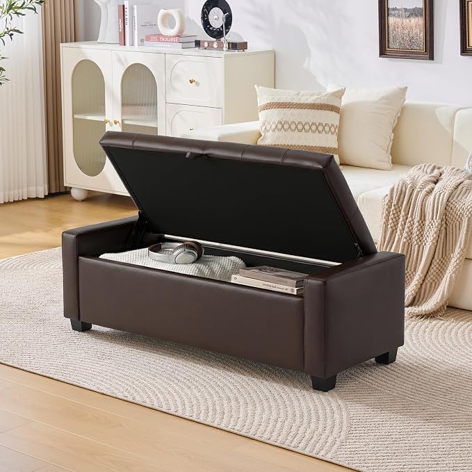 Huatean Home 48" Ottoman with Storage, Dark Brown Storage Ottoman Bench | Upholstered Entryway Bench with Seating for Bedroom, Living Room, with Safety Hinge, Holds up to 330 lb