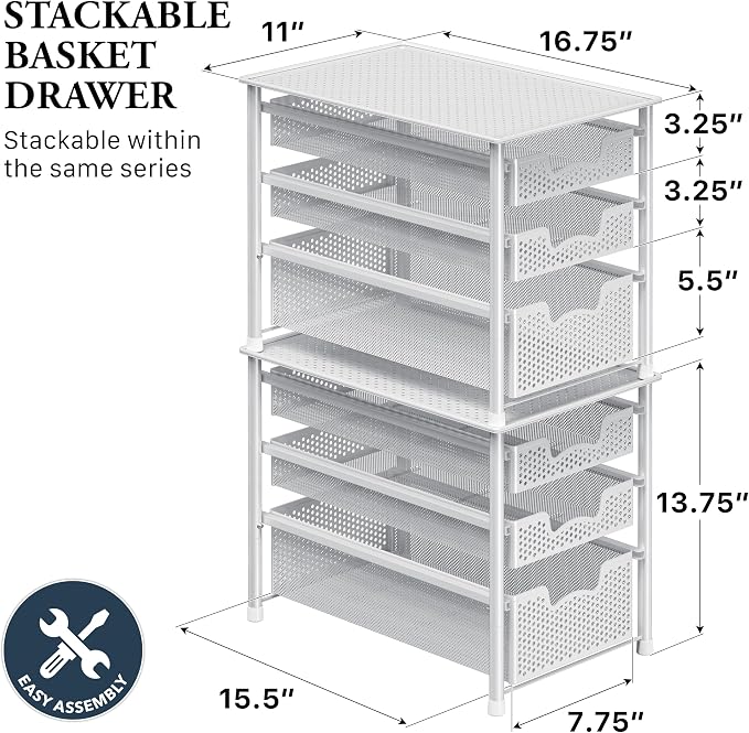 Simple Houseware 3 Tier White Alloy Steel Sliding Basket Organizer Drawer Cabinet | 3 Tier White Alloy Steel Sliding Basket Organizer Drawer Cabinet