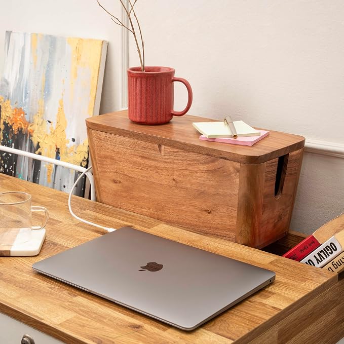 Extra Large Cable Management Box - Acacia Wood - Cable Organizer Box and Power Strip Box for Electrical Cord Management - Hide Desk Cord and Floor Cables - Wire Storage and Organization for Cords | Acacia Wood, Cable Organizer, Rustic Style, Modern Des...