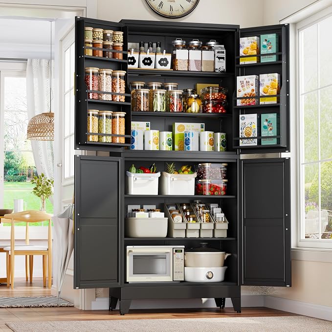 GAIOUS 74.8" Tall Metal Food Cabinet, Black Kitchen Pantry Cabinet Cupboard | Food Storage, Kitchen Organizer, Storage Cabinet with 4 Door and 4 Adjustable Shelves, Steel Freestanding, for Dining Living